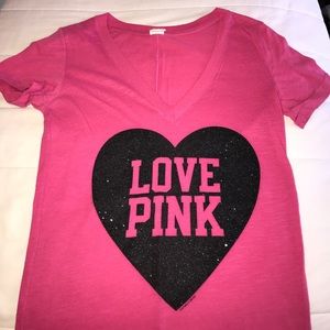 VS Pink- LOVE PINK Black Glitter Heart V-neck